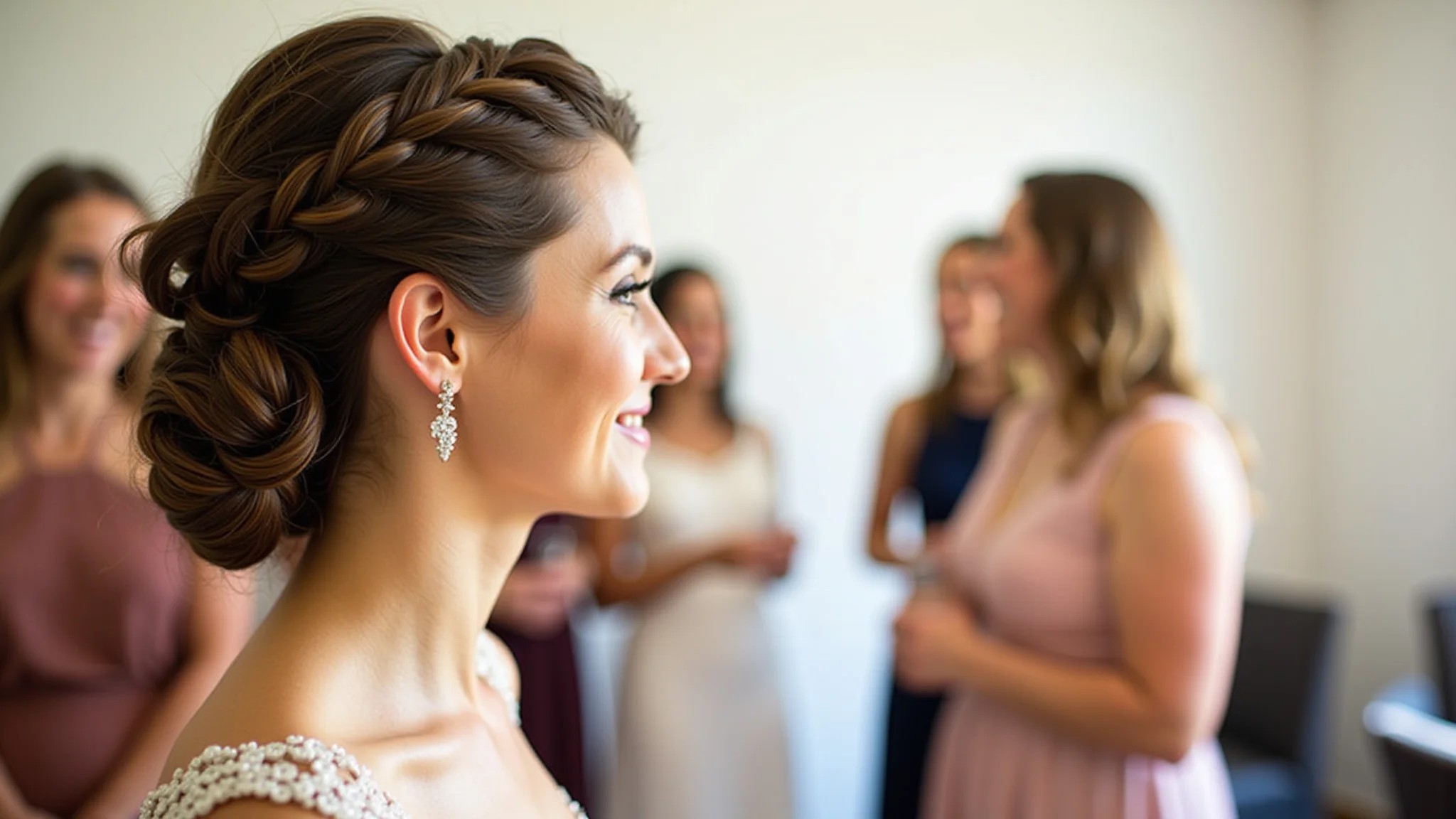 Mulher com trança embutida, convidada de casamento, vestido elegante.
