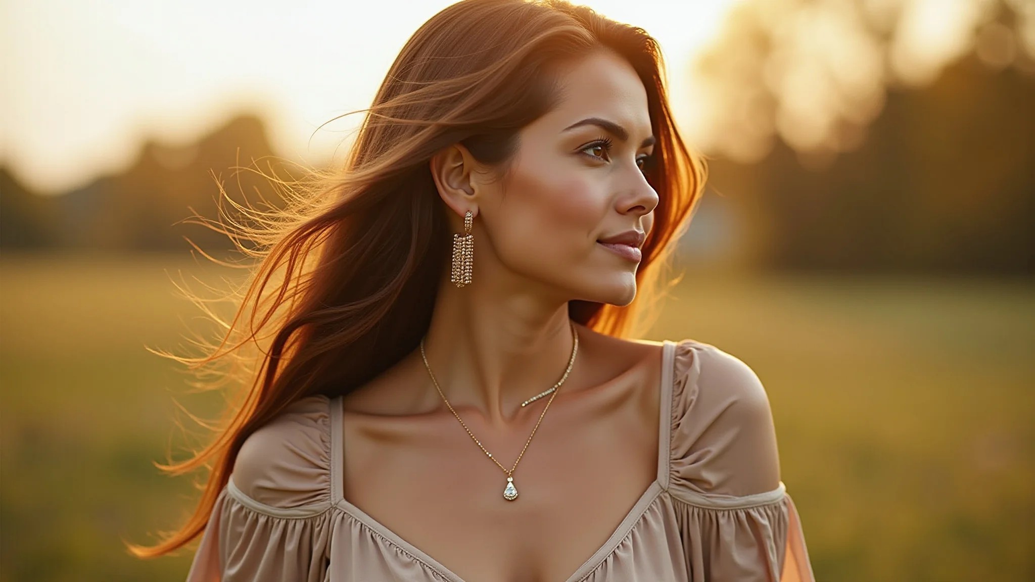 Mulher com coloração outono suave vestindo um vestido bege e acessórios dourados.