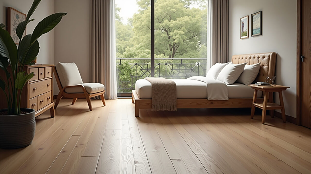 Quarto aconchegante com piso LVT confortável e estiloso.