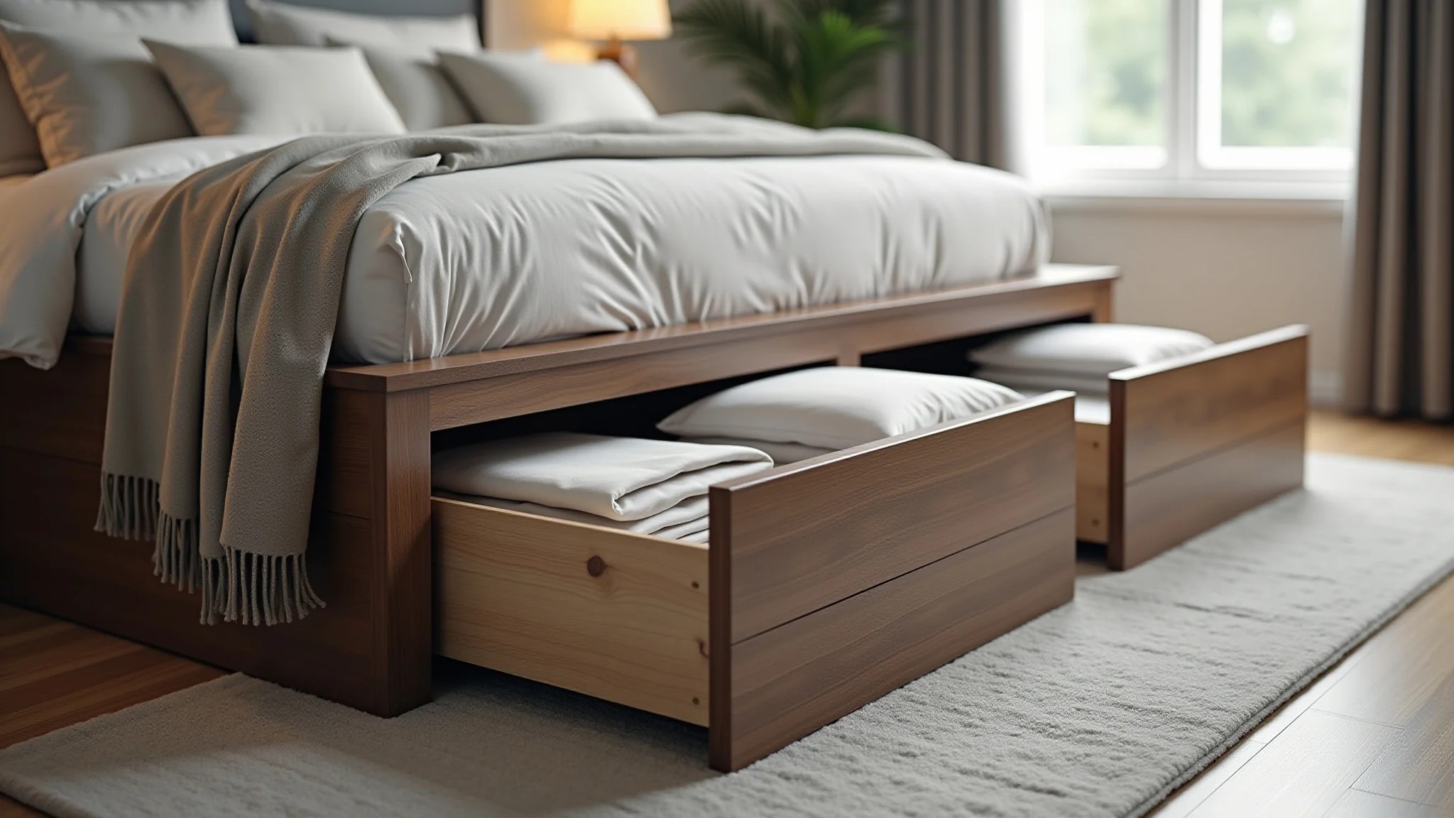 Quarto moderno com cama plataforma e gavetões laterais organizados.