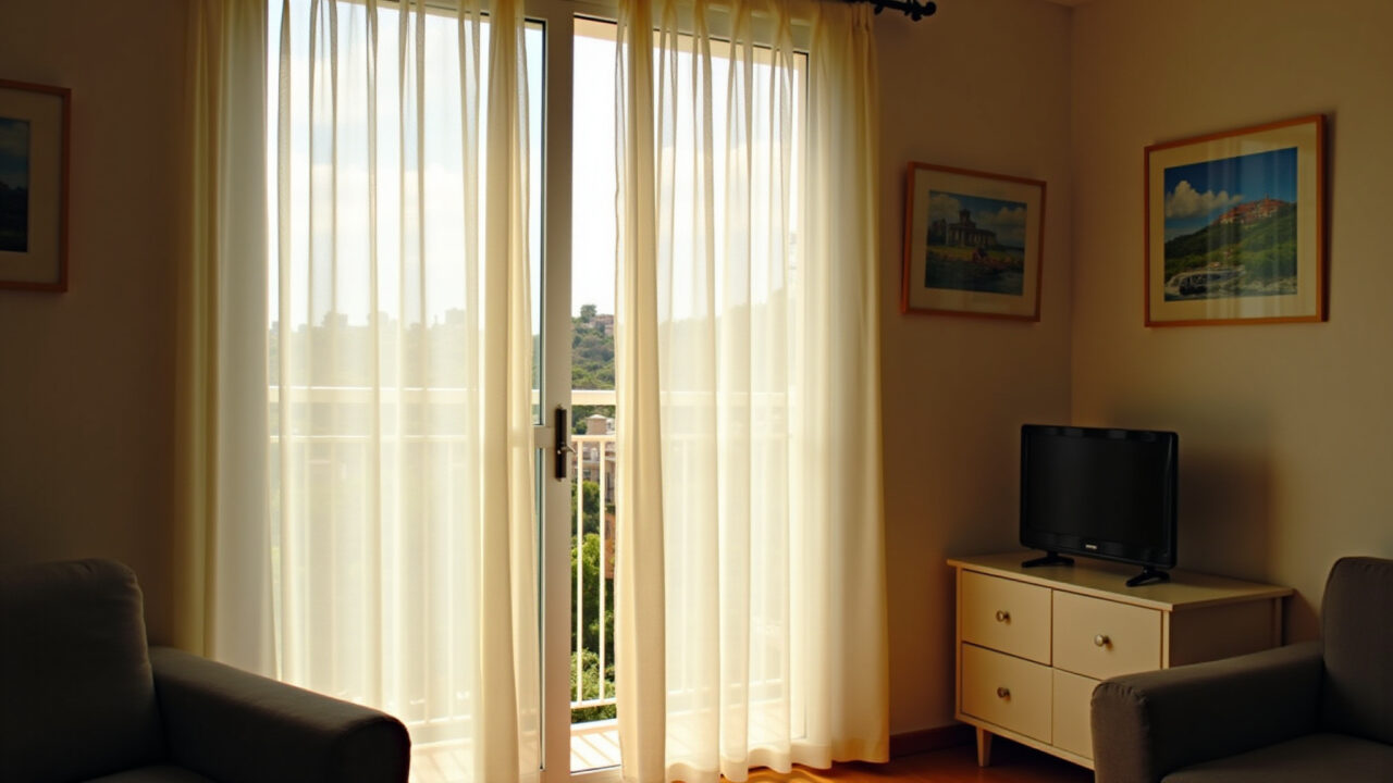 Cortinas leves permitindo a entrada de luz natural em apartamento pequeno.