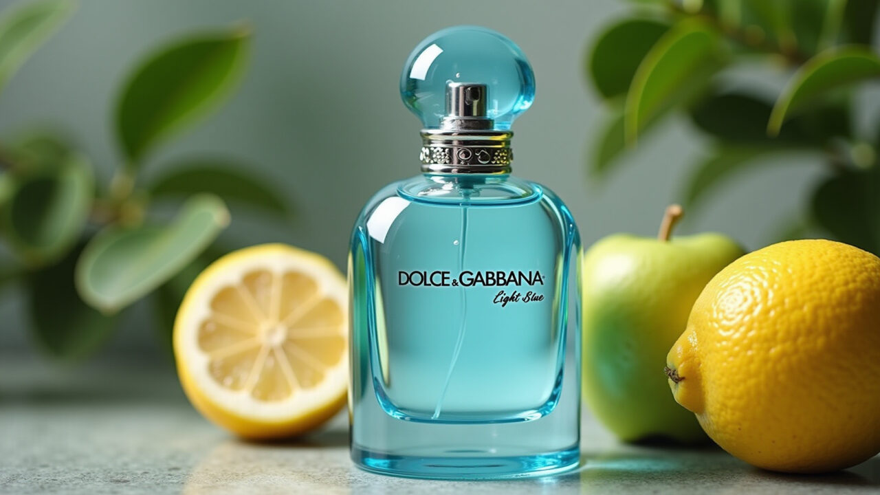 Frasco do perfume Light Blue com limões sicilianos e maçãs verdes.