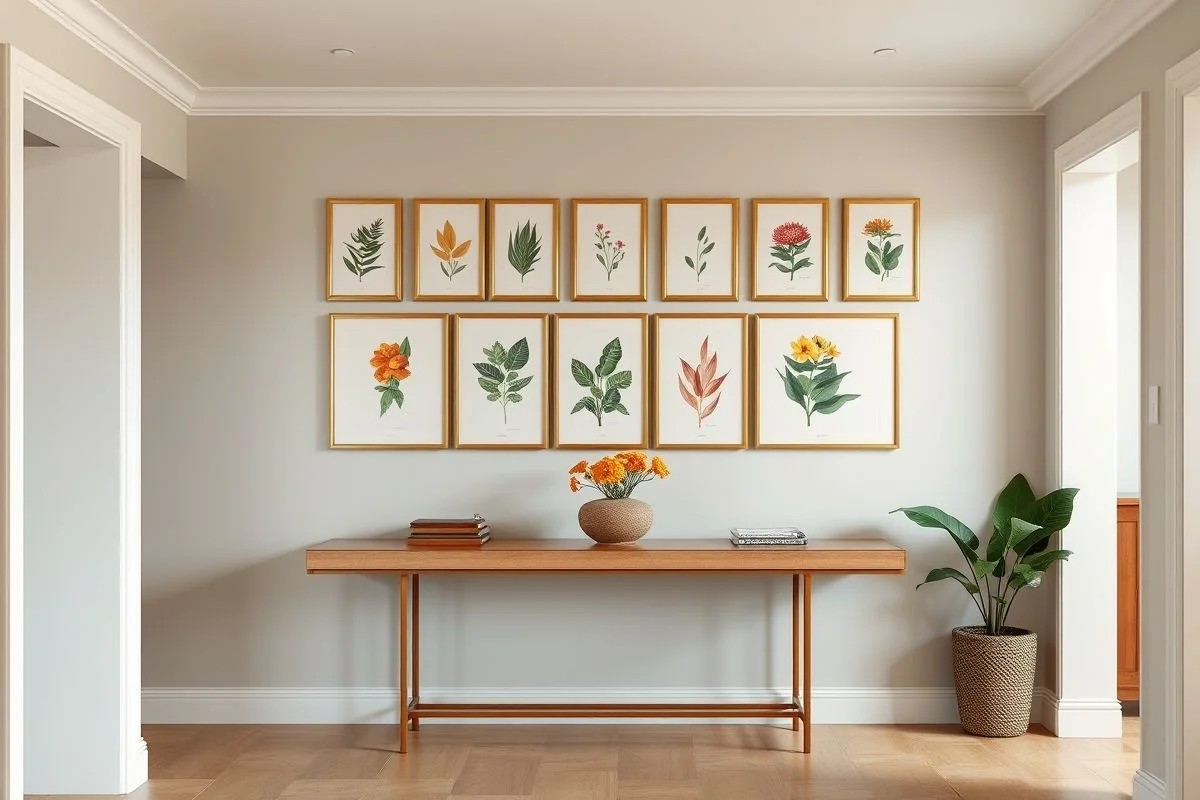 Gallery wall linear com quadros botânicos em corredor no Brasil.