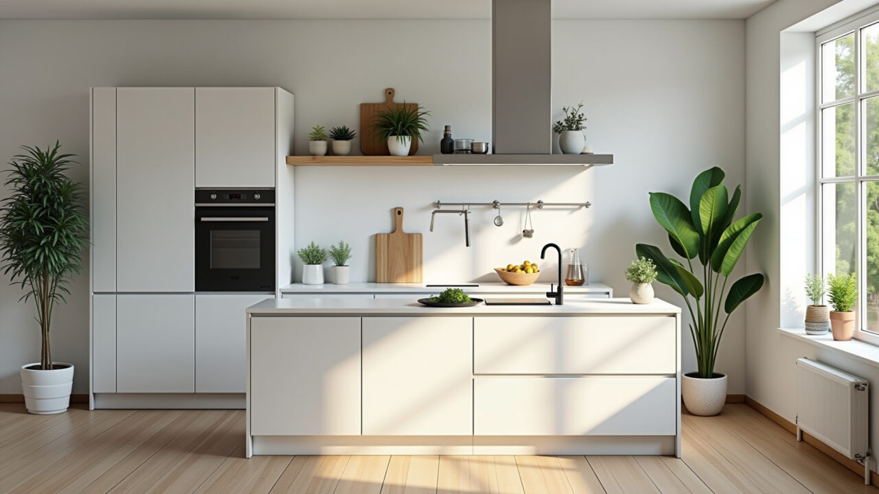Plantas na decoração trazendo vida e frescor para cozinha americana branca.