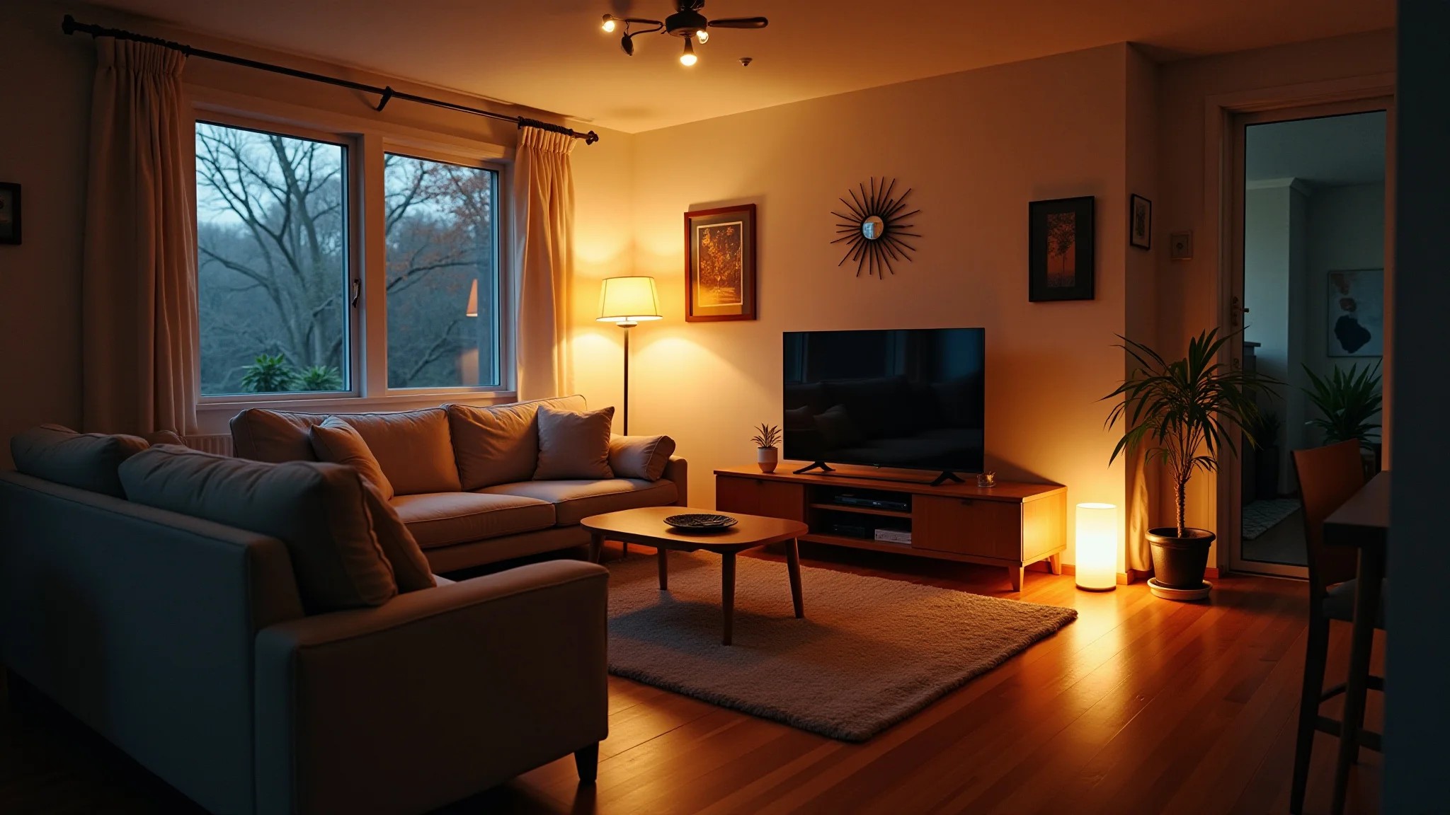 Sala de estar à noite, iluminação com trilhos criando ambiente aconchegante.