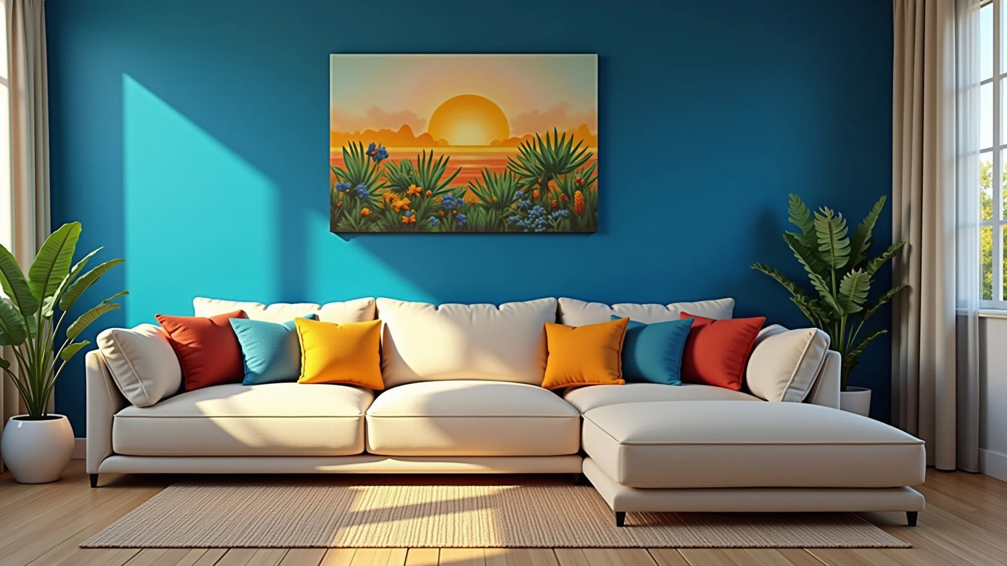 Sala de estar com parede azul, sofá bege e almofadas coloridas, design brasileiro.