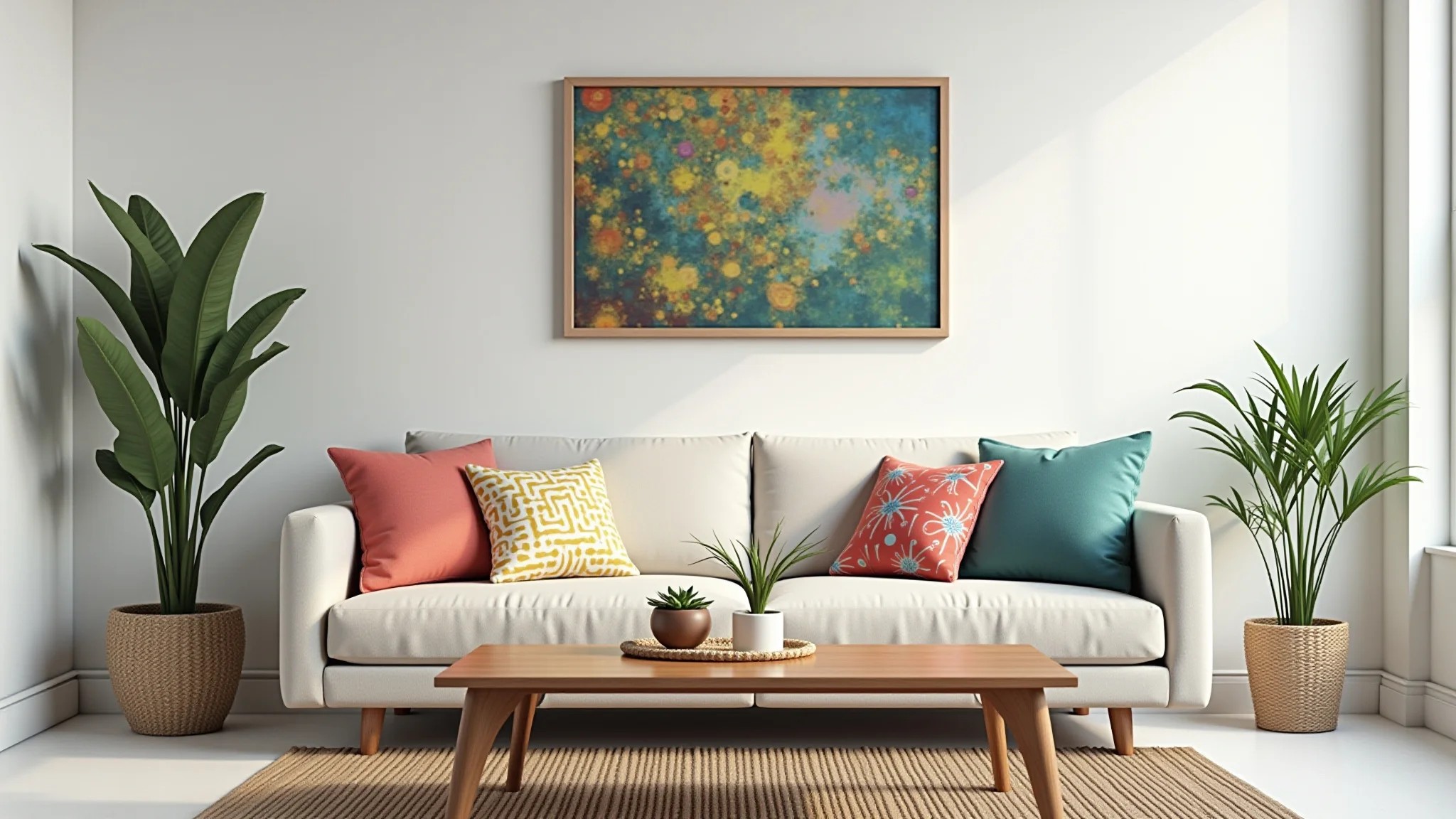 Sala de estar clean com paredes brancas, almofadas coloridas e arte brasileira.