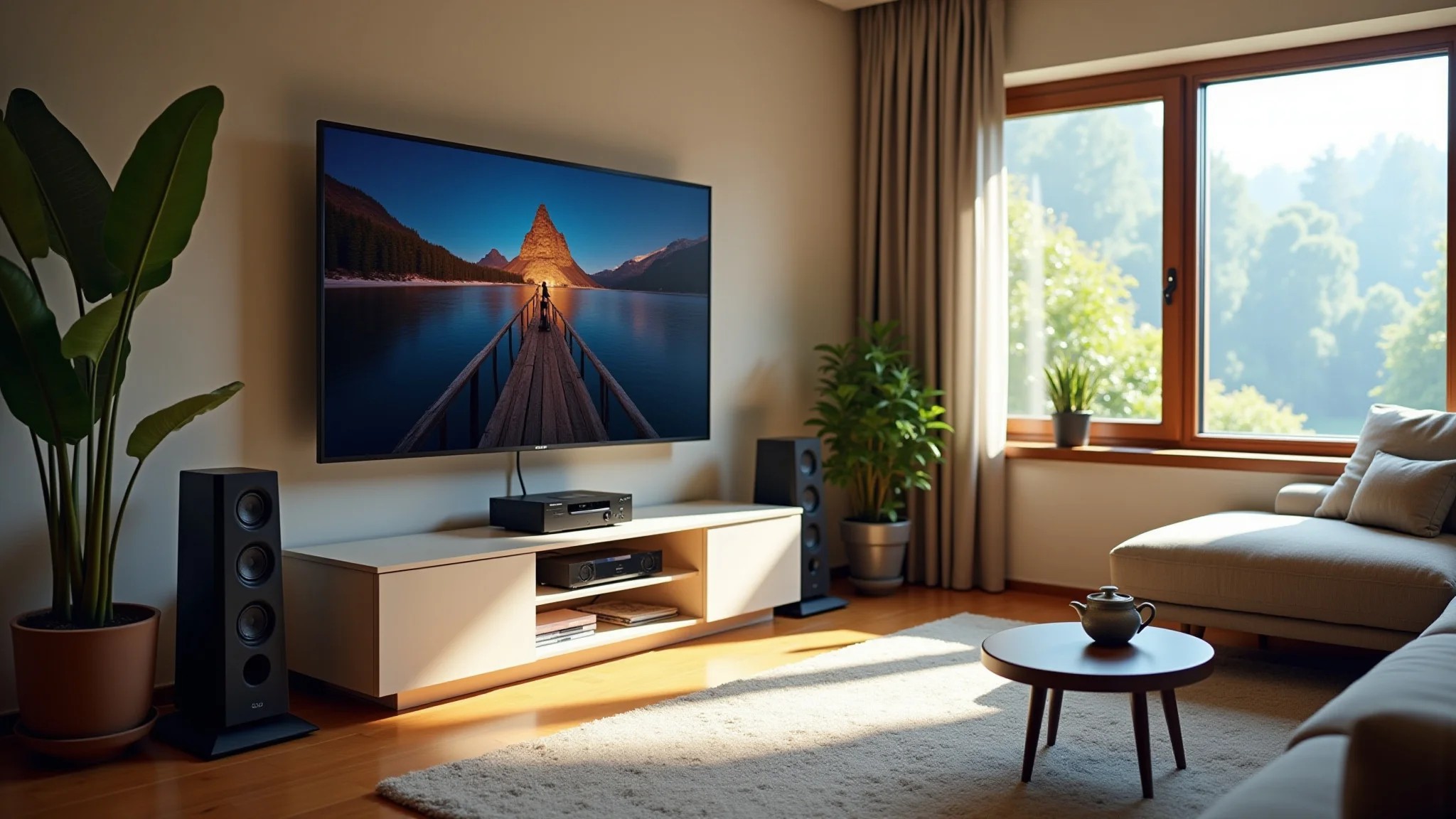 Sala de estar transformada em home theater com sistema de som e cabos organizados.