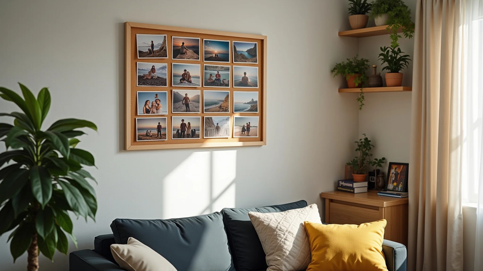Cantinho da sala com colagem de fotos em cortiça, home office em estilo brasileiro.
