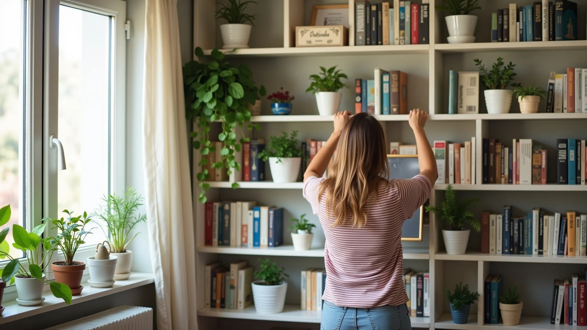 Canto da sala com prateleiras, plantas e livros organizados.