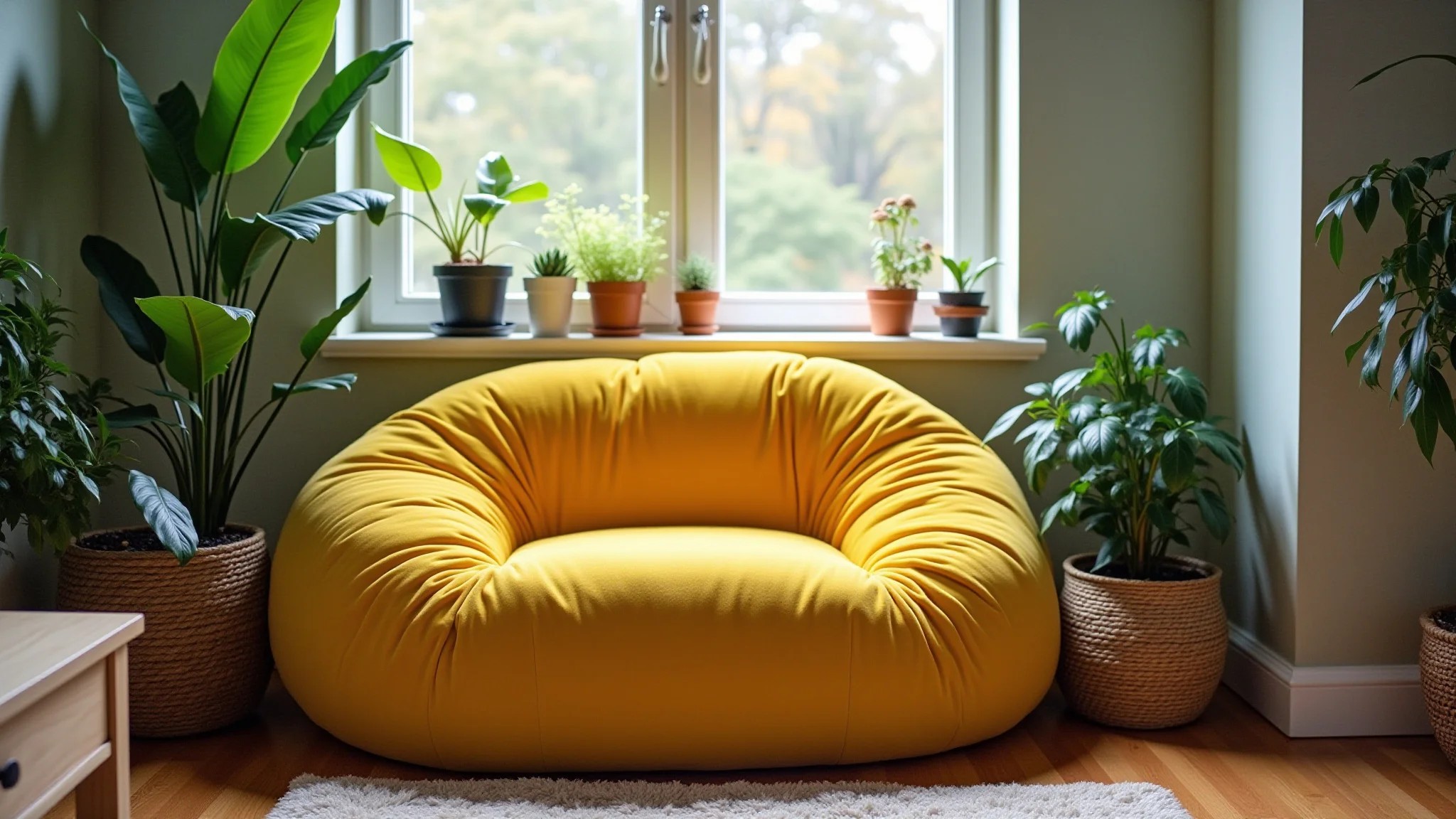 Canto da sala com puff de veludo amarelo e plantas, criando um espaço de leitura.