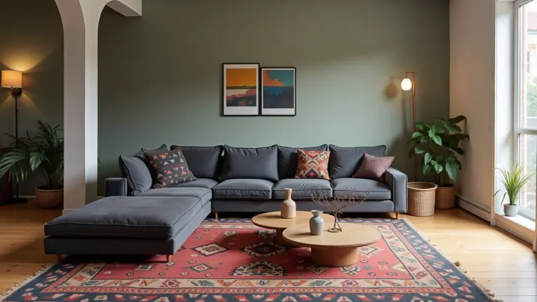Sala com sofá cinza escuro e tapete geométrico colorido.