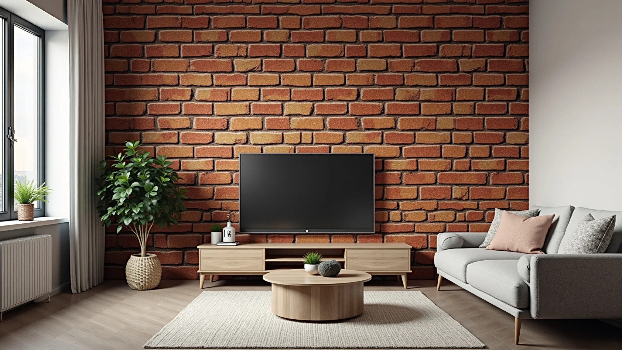 Sala de estar com papel de parede 3D de tijolinho e decoração rústica.