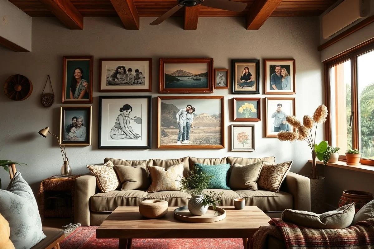 Sala de estar brasileira com parede decorada com fotos em molduras rústicas.