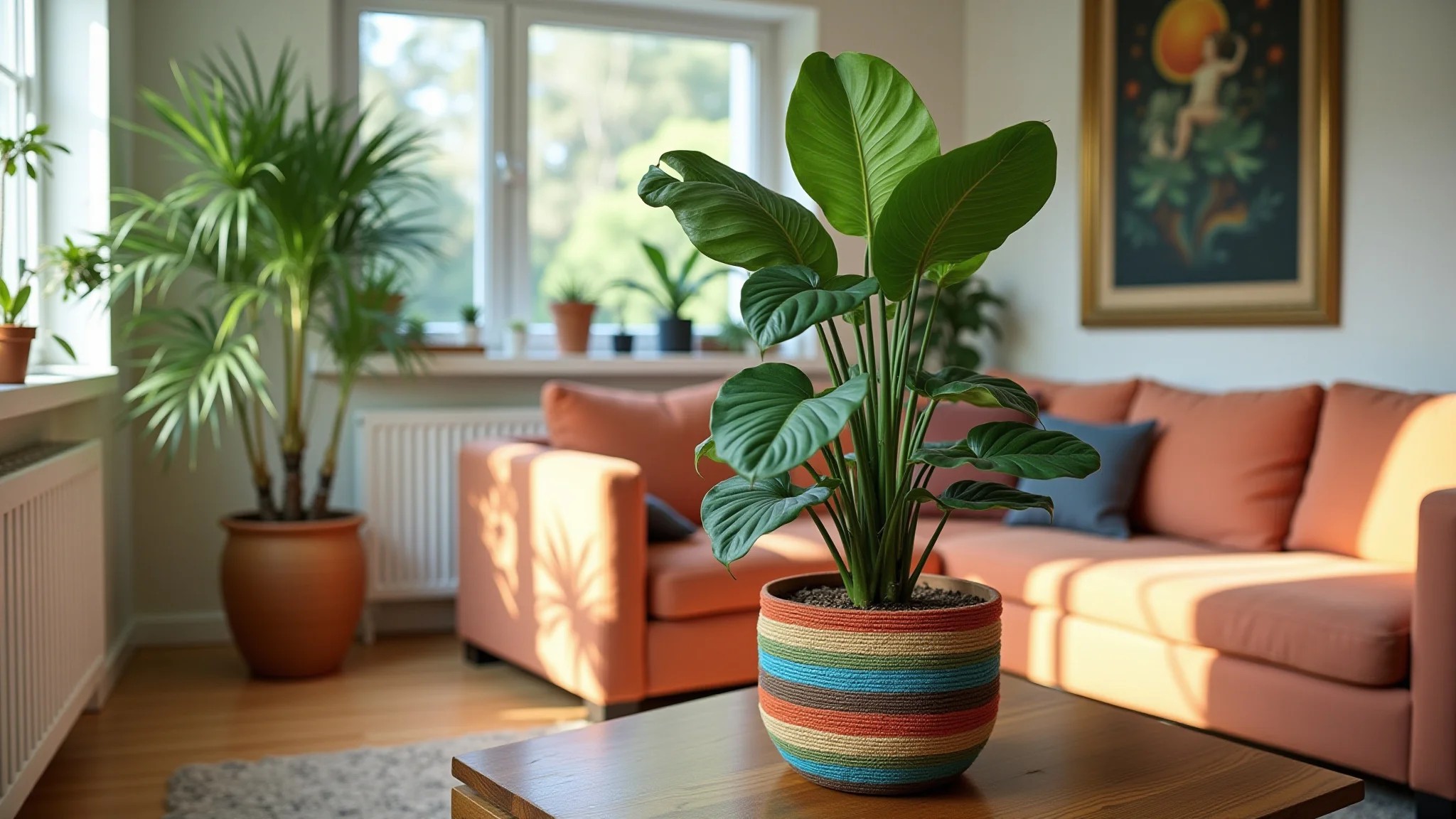 Sala de estar com Dracena em vaso colorido e decoração brasileira.