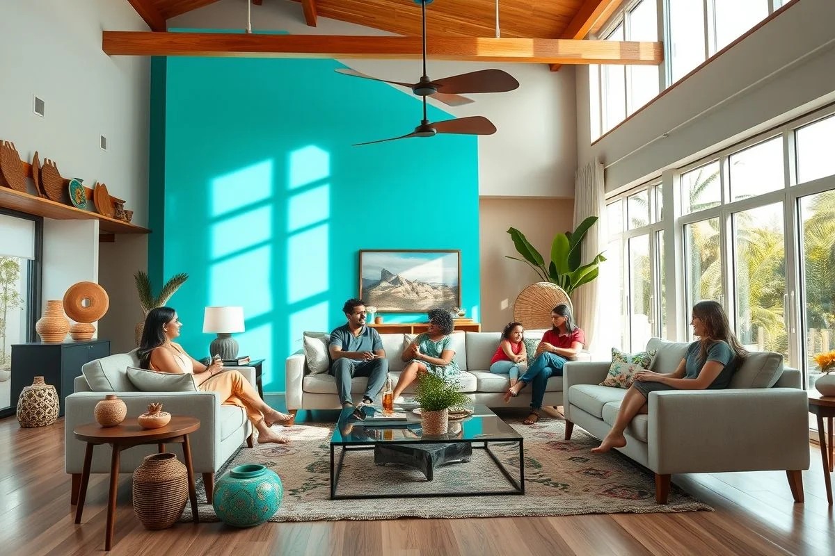 Sala de estar com parede turquesa e família brasileira.