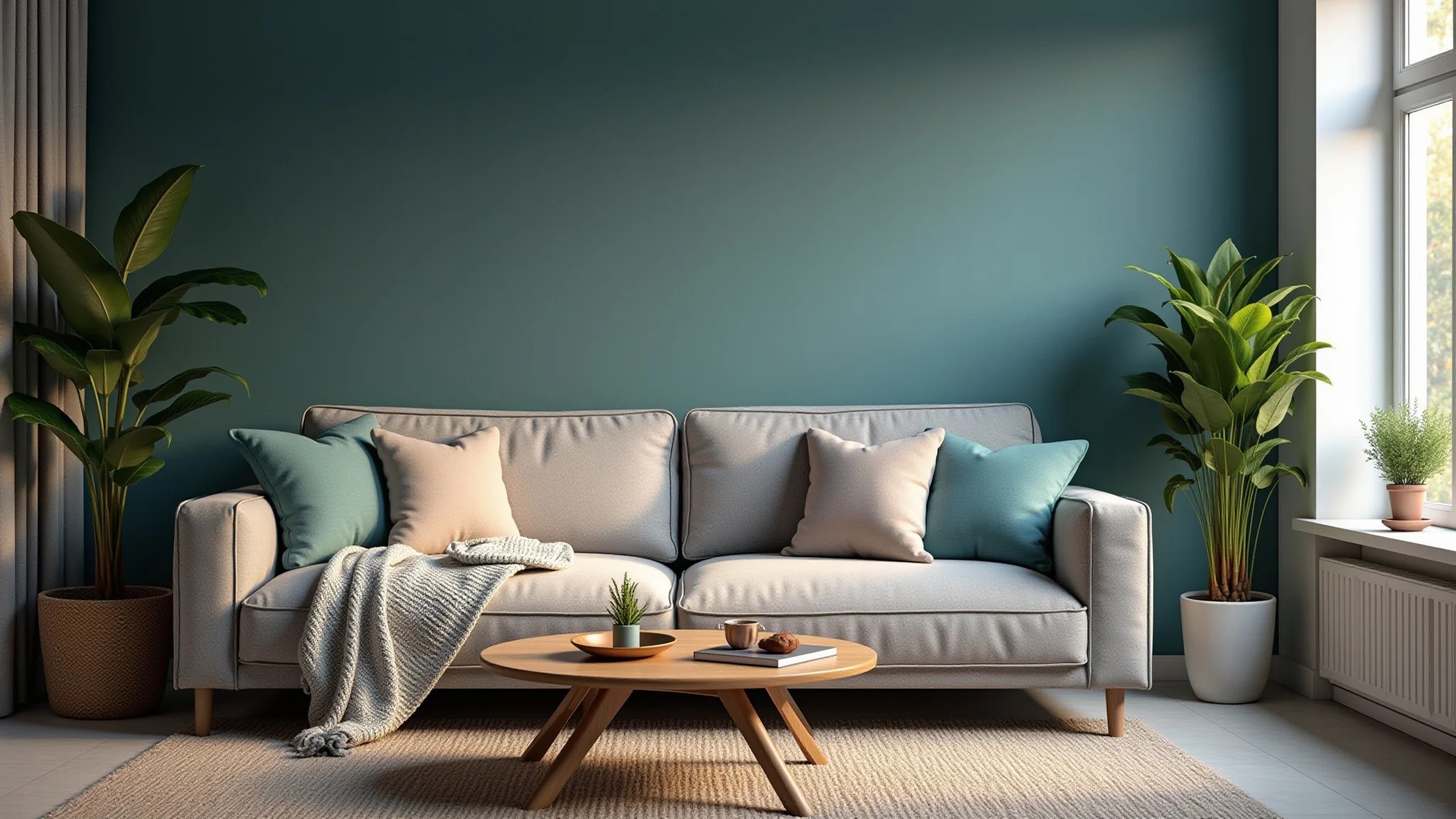 Sala de estar com cinza e azul petróleo, texturas aconchegantes e iluminação suave.
