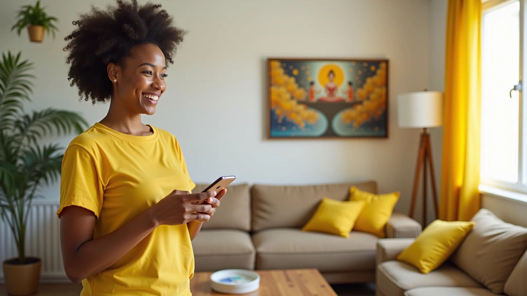 Mulher sorrindo em sala de estar com detalhes amarelos e arte brasileira, seguindo o feng shui.
