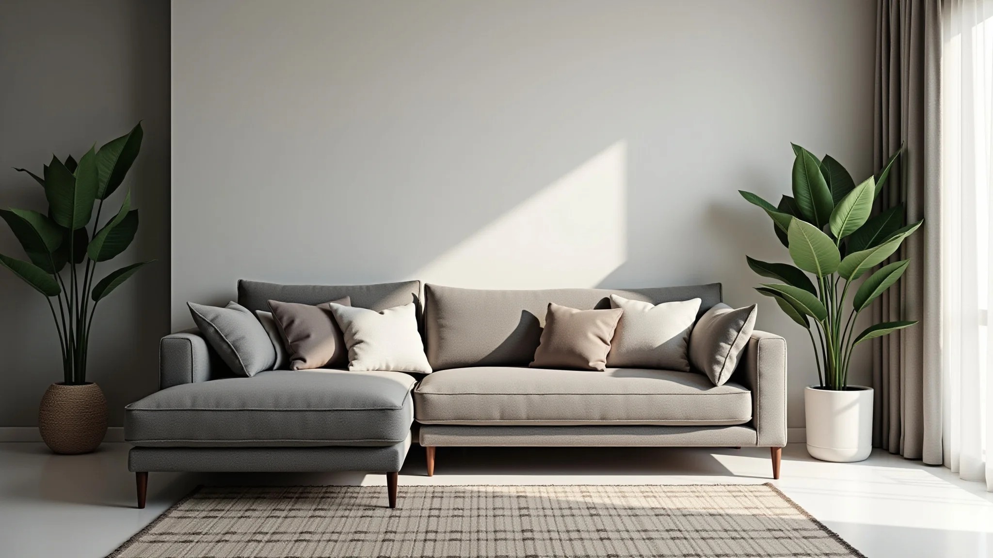 Sala de estar com sofá cinza e parede neutra, iluminação natural, design brasileiro.