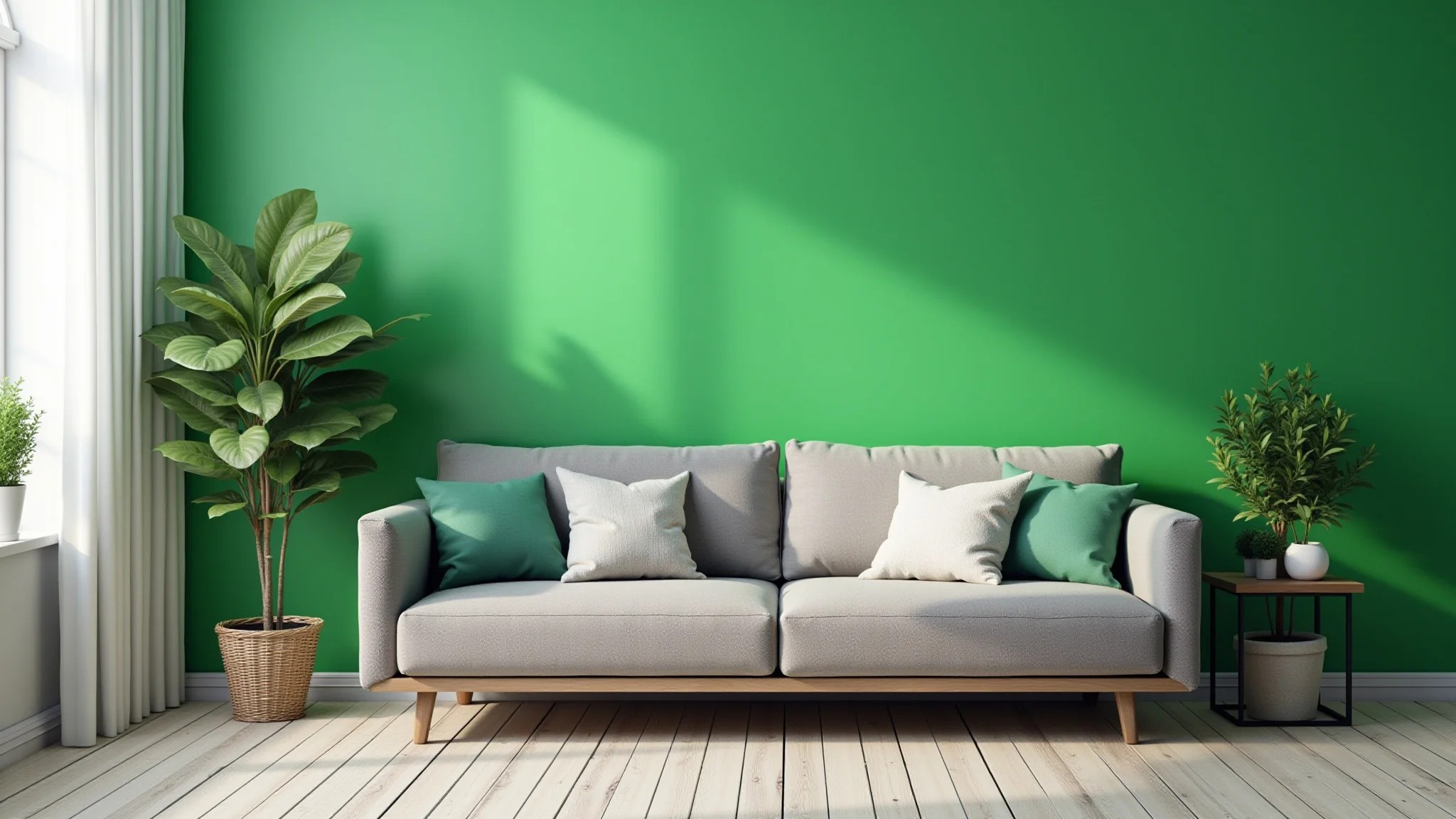 Sala de estar com sofá cinza e parede verde vibrante, iluminação natural.