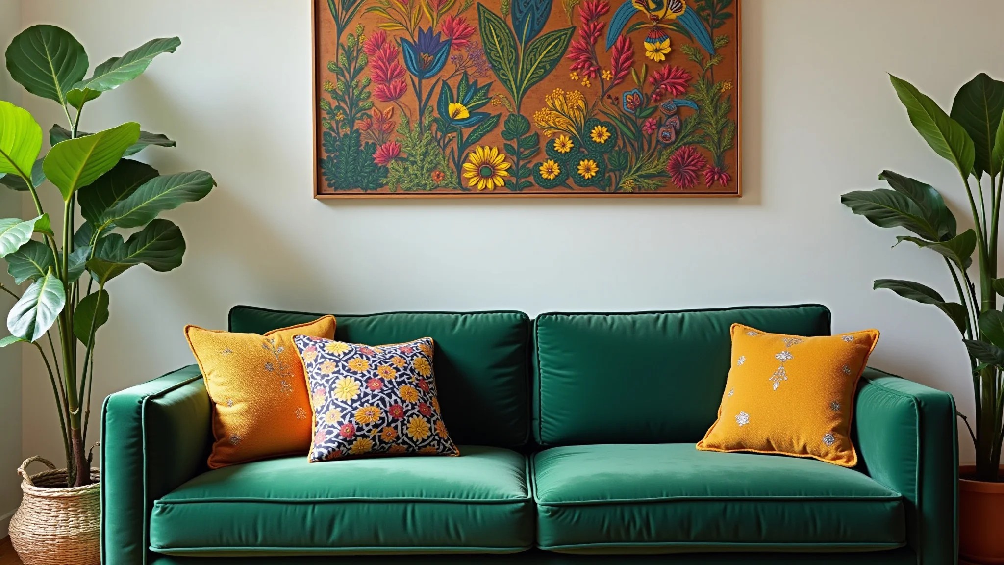 Sala de estar com sofá de veludo verde, <a href=
