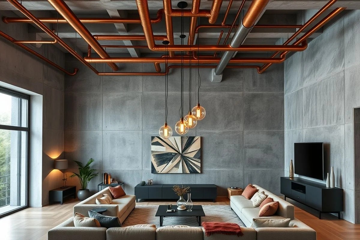 Sala moderna com eletrodutos de cobre e iluminação pendente no Rio