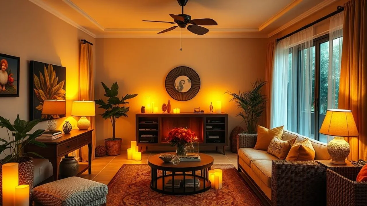 Sala outono Brasil, iluminação amarela, velas, ambiente acolhedor