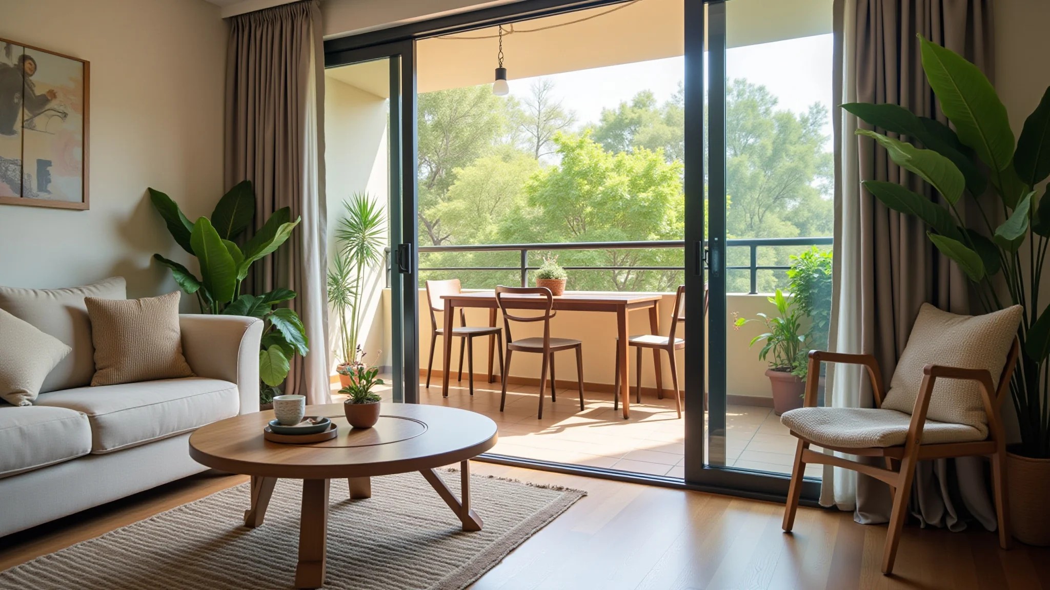 Sala integrada com varanda, plantas, móveis confortáveis e luz natural.