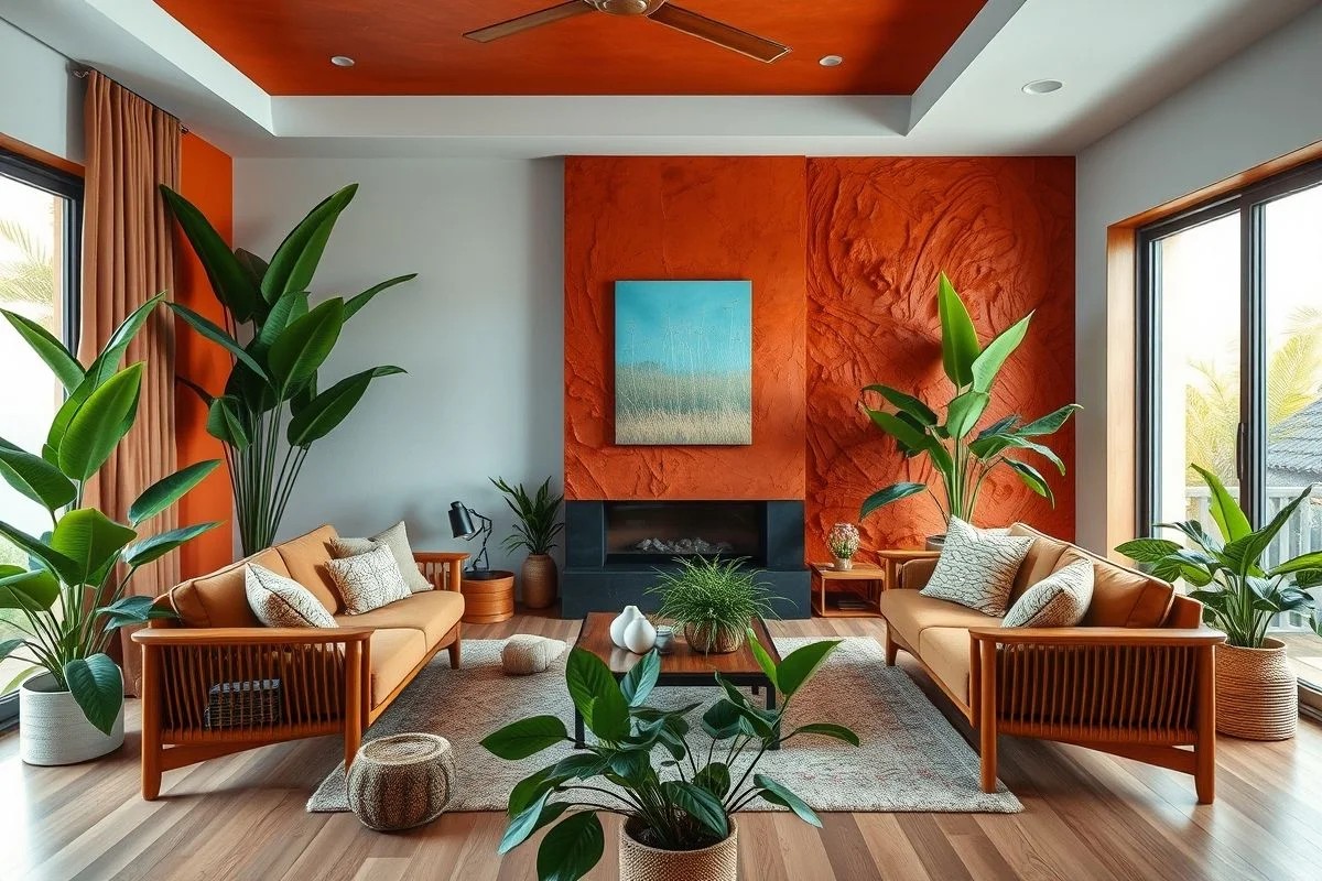Sala de estar moderna com parede terracota e decoração brasileira.