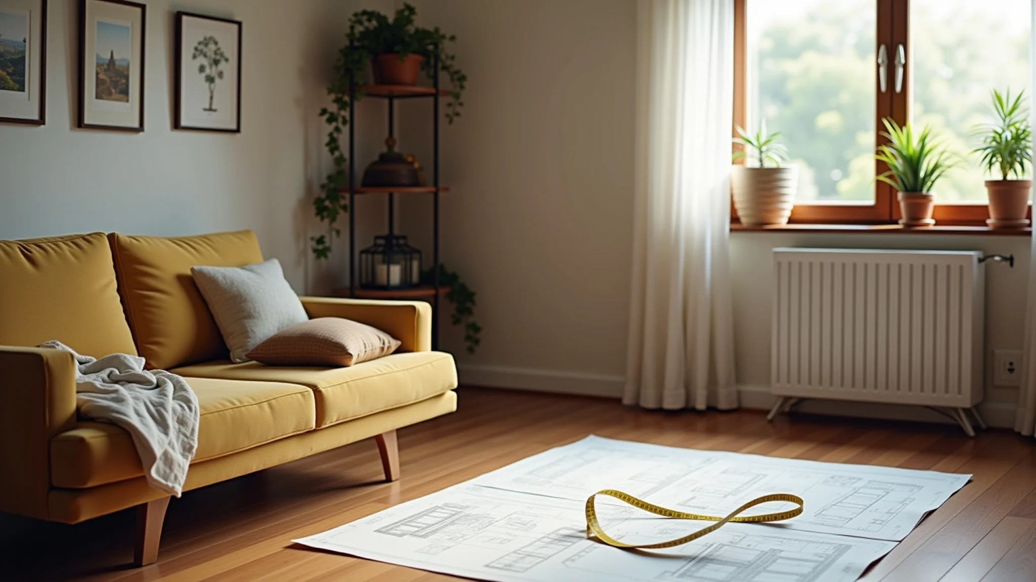 Planejamento da sala com trena e planta baixa, estilo brasileiro.