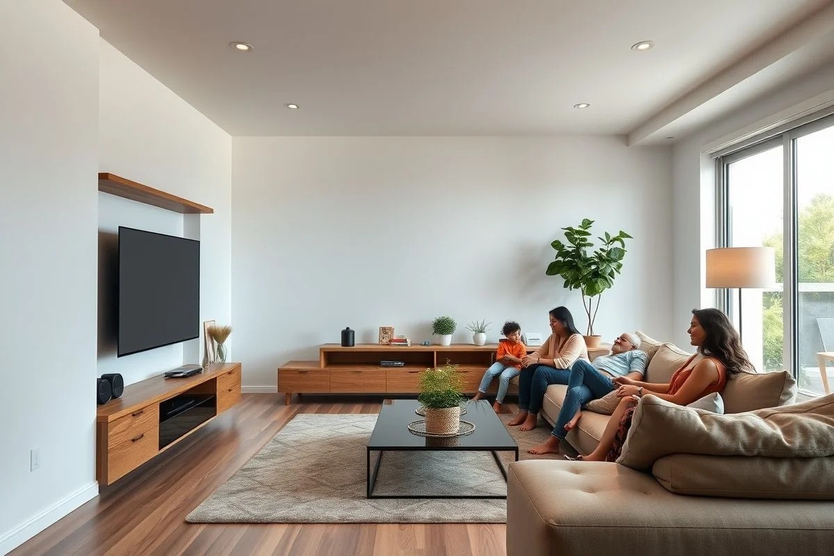 Sala moderna com rack para TV organizando fios e cabos, família brasileira.