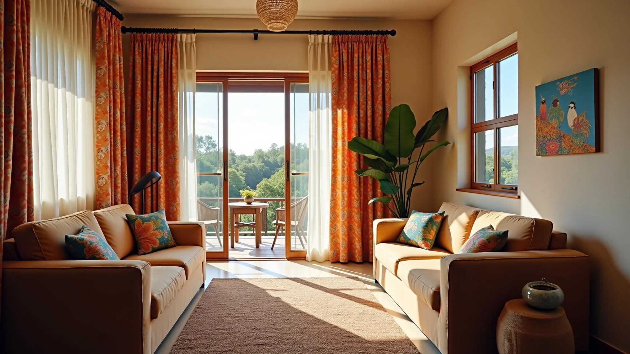 Sala com cortinas estampadas, estilo Farm Rio e arte brasileira.