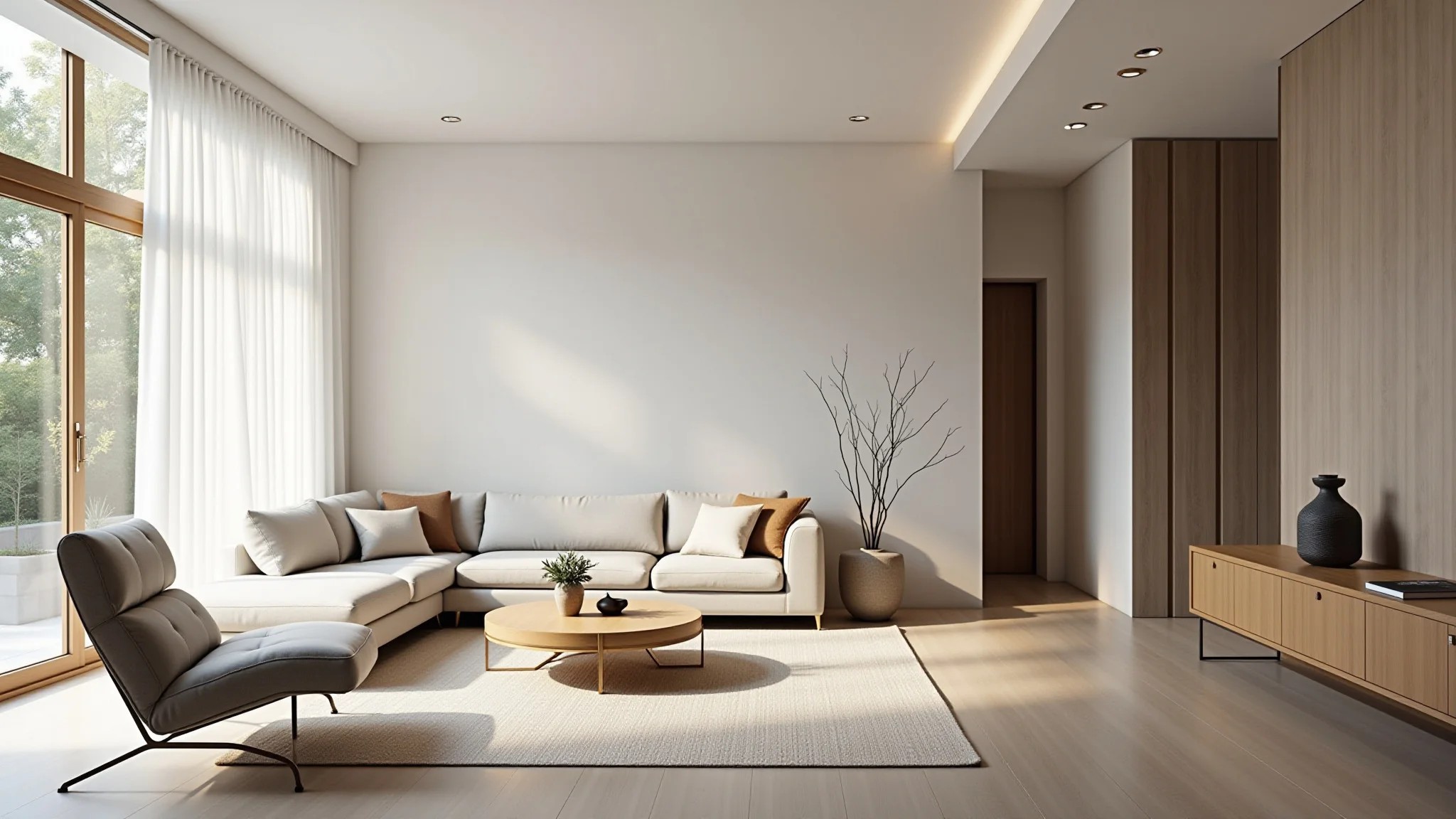 Sala minimalista, cores neutras, elementos de design brasileiro e iluminação natural.