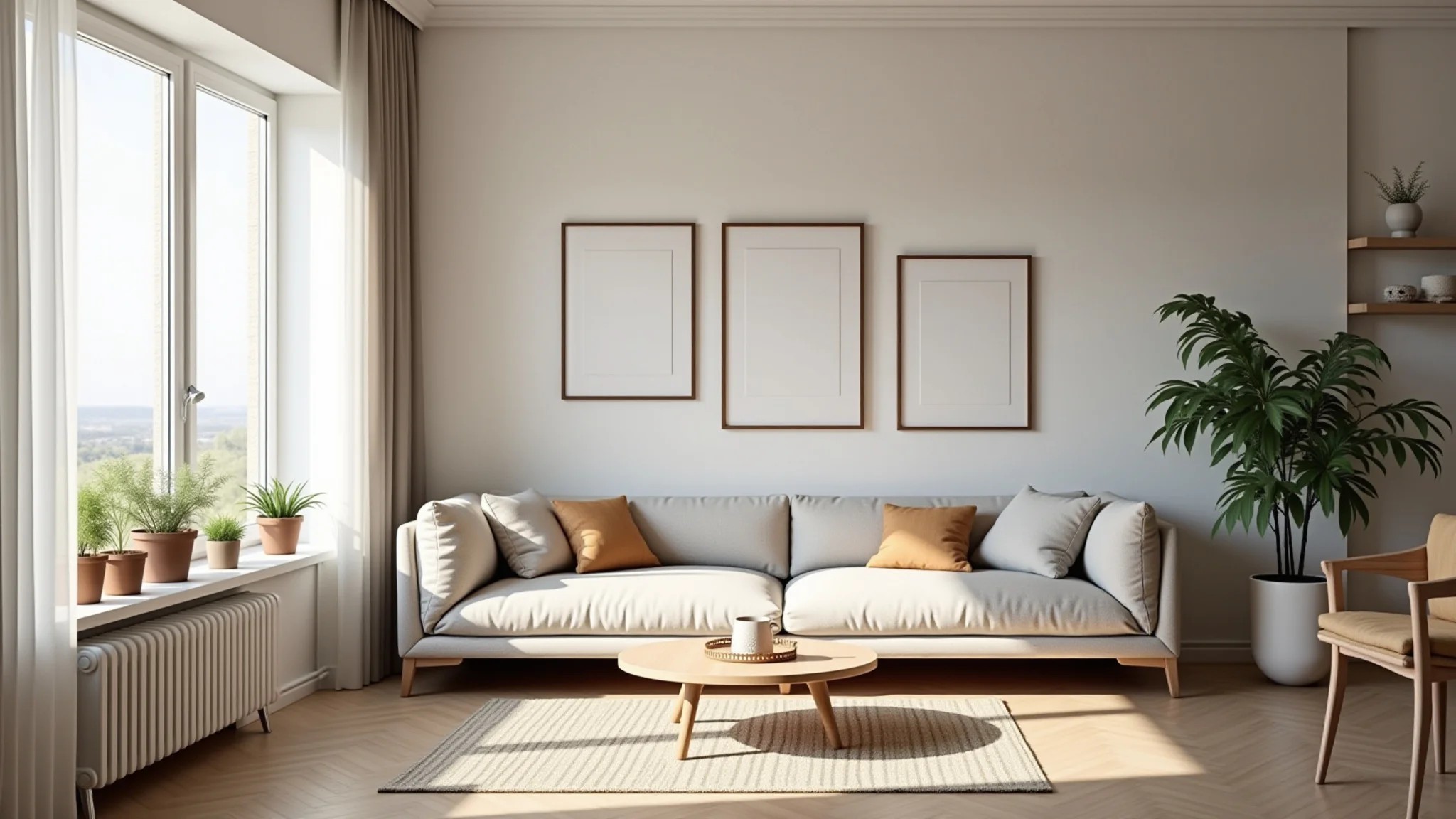 Sala minimalista com iluminação natural, decoração brasileira e paleta neutra.