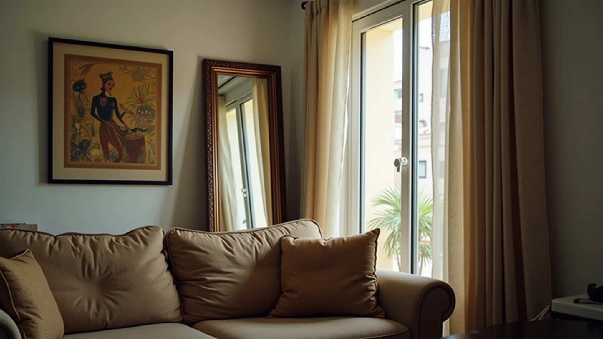 Espelho atrás do sofá refletindo a vista da janela em sala de estar com arte brasileira.