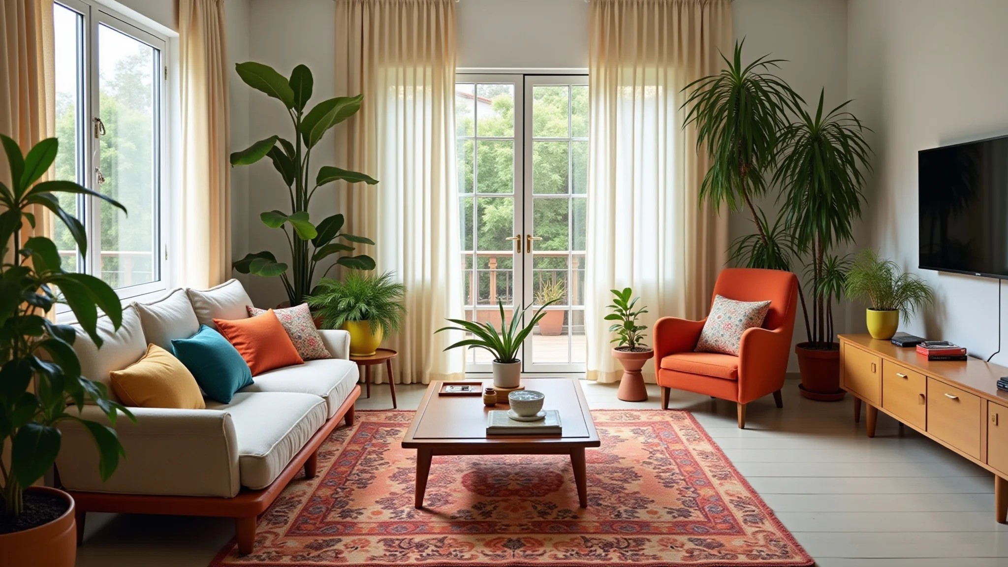 Sala de estar de uma casa pronta, decorada em estilo brasileiro com almofadas coloridas e plantas.