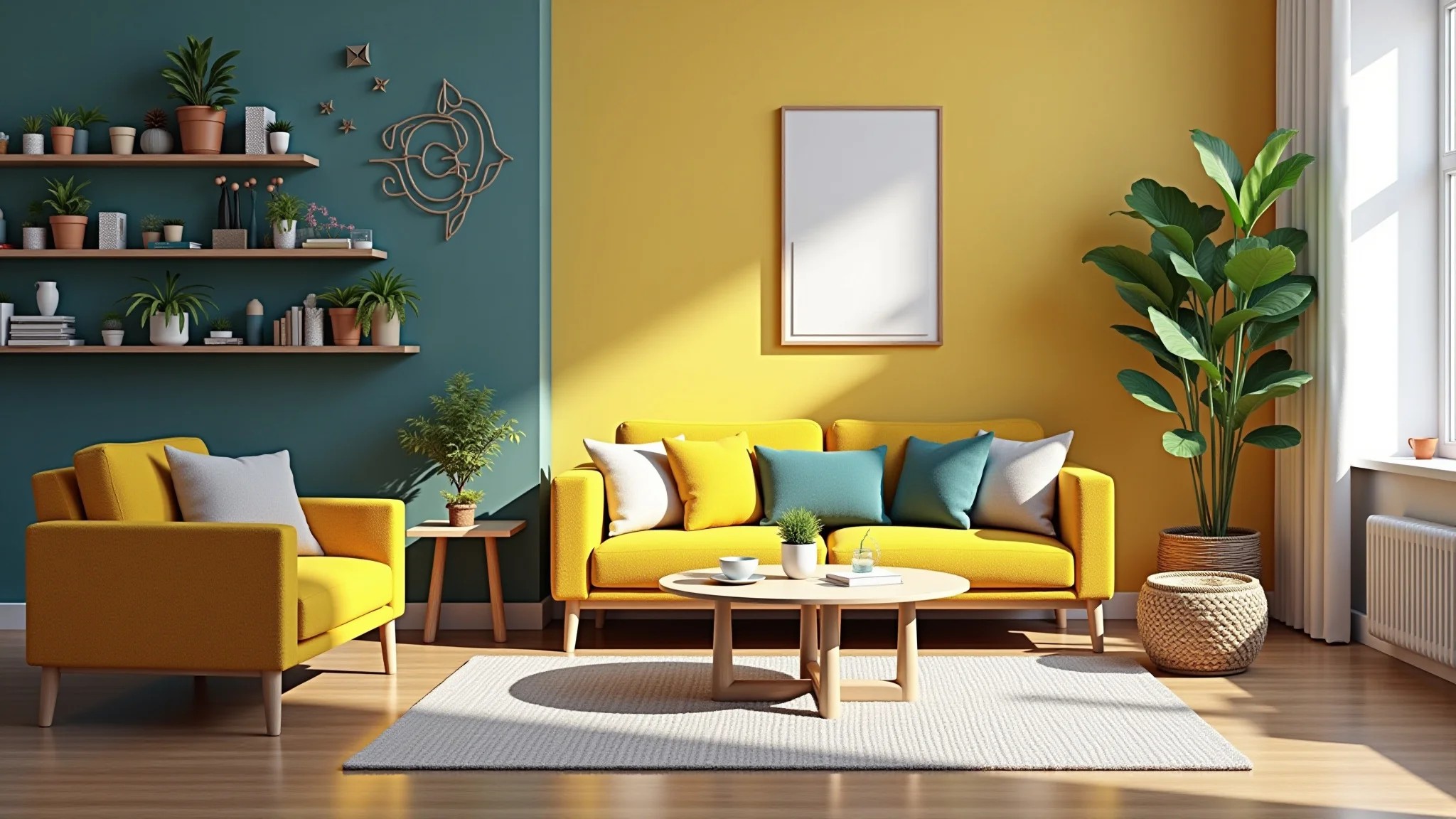 Sala organizada com prateleiras com plantas, cores vibrantes e estilo brasileiro.