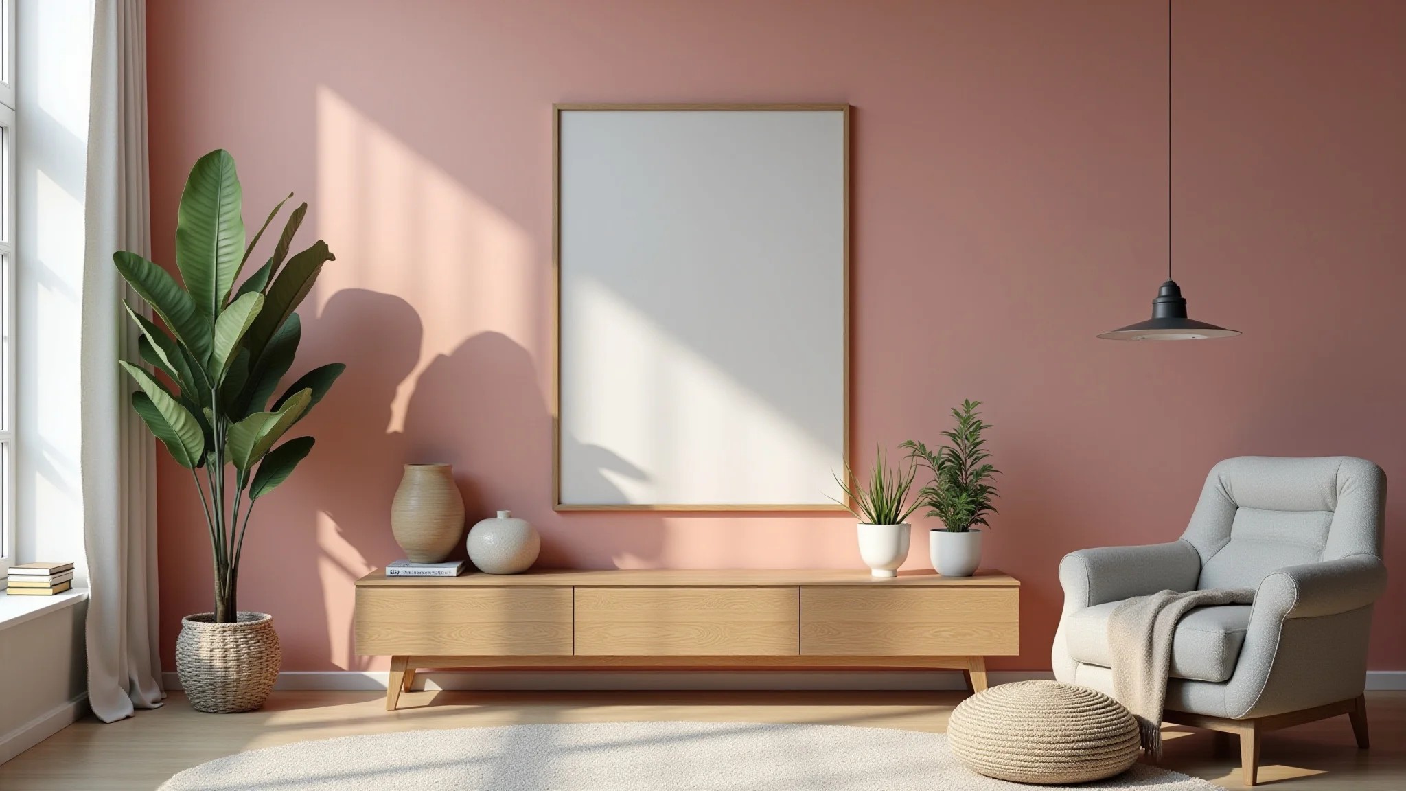 Sala de estar com parede rosa, móveis de madeira e arte brasileira.