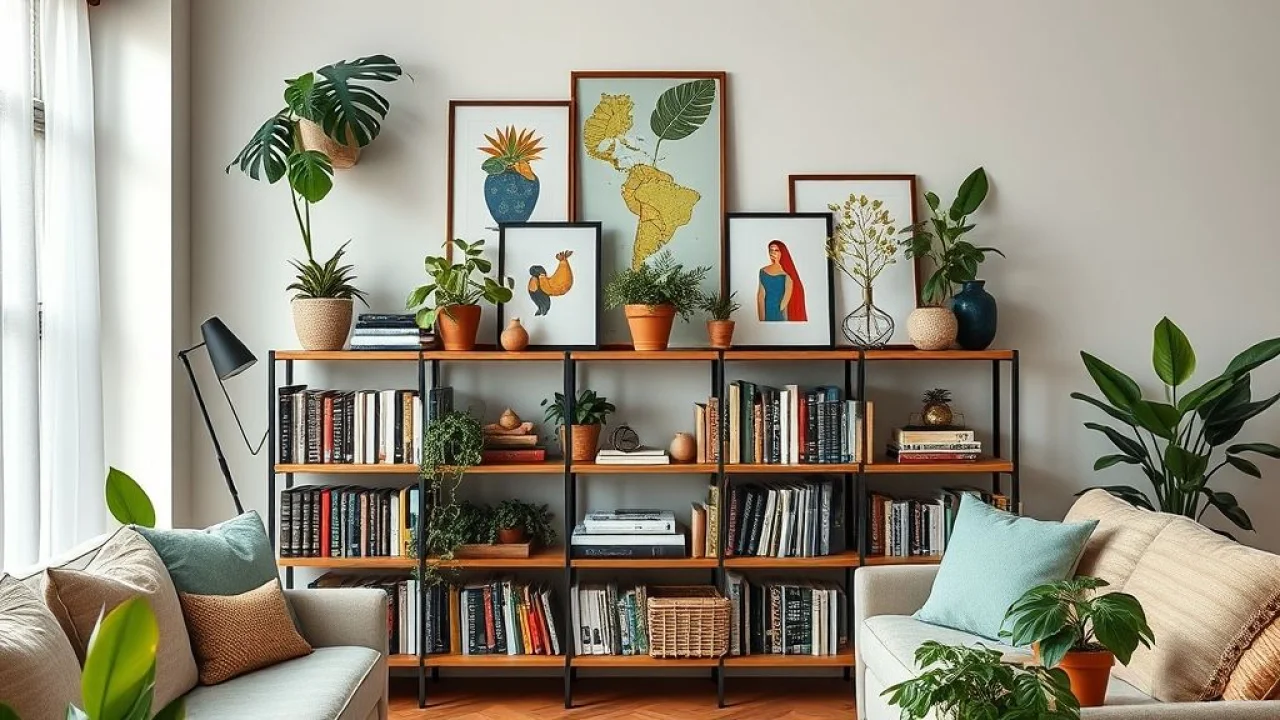 Rack de sala decorado com livros, plantas e objetos de arte, estilo brasileiro.