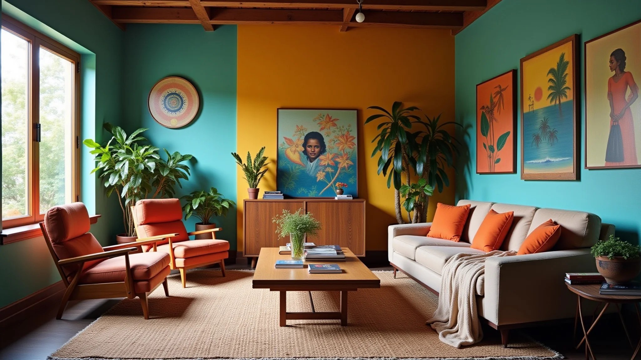 Sala com móveis de segunda mão restaurados, paredes coloridas e arte brasileira.