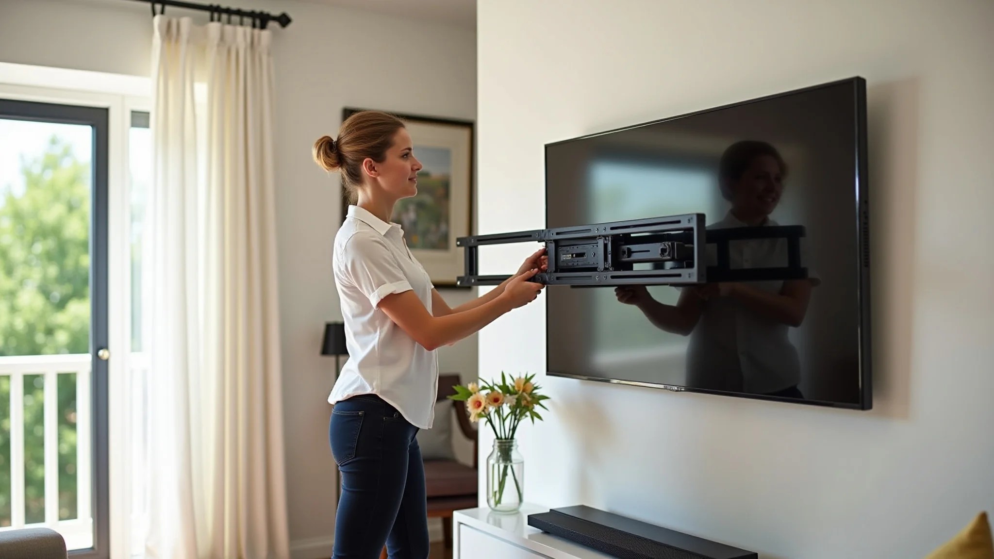 Mulher ajustando suporte articulado de TV na parede, mostrando a flexibilidade.
