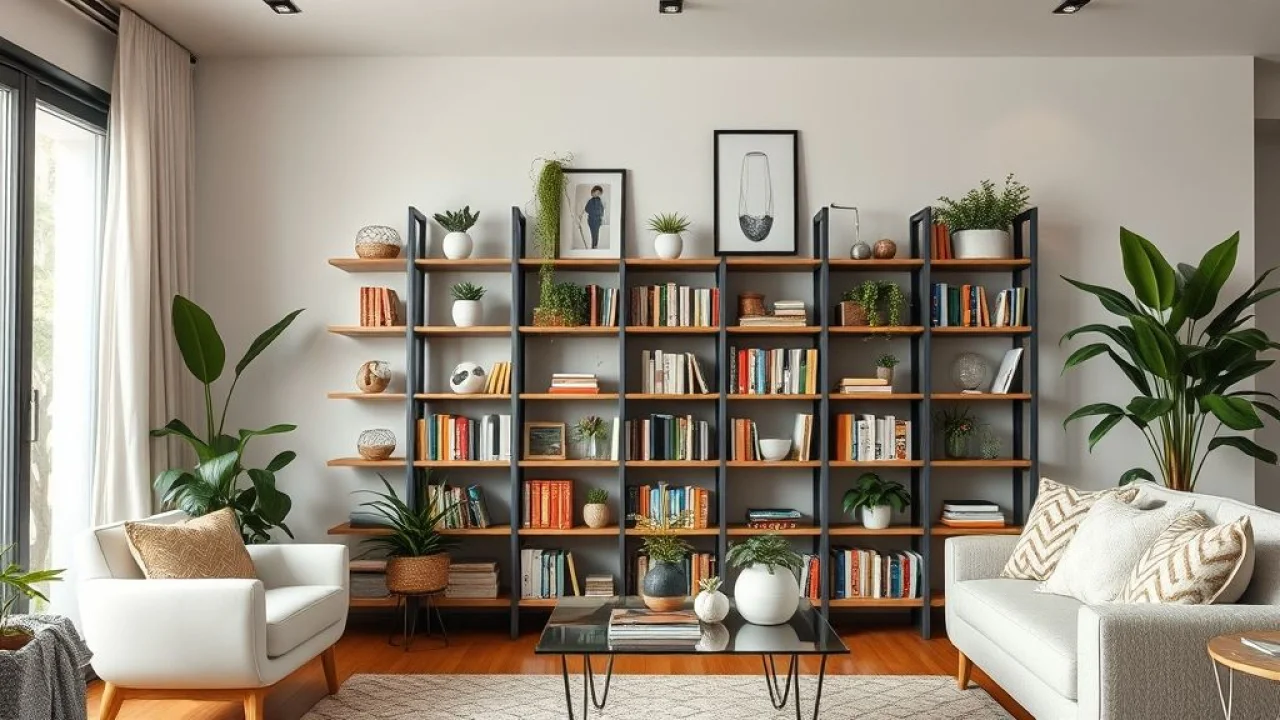 Estante criativa em sala moderna brasileira com livros e plantas.