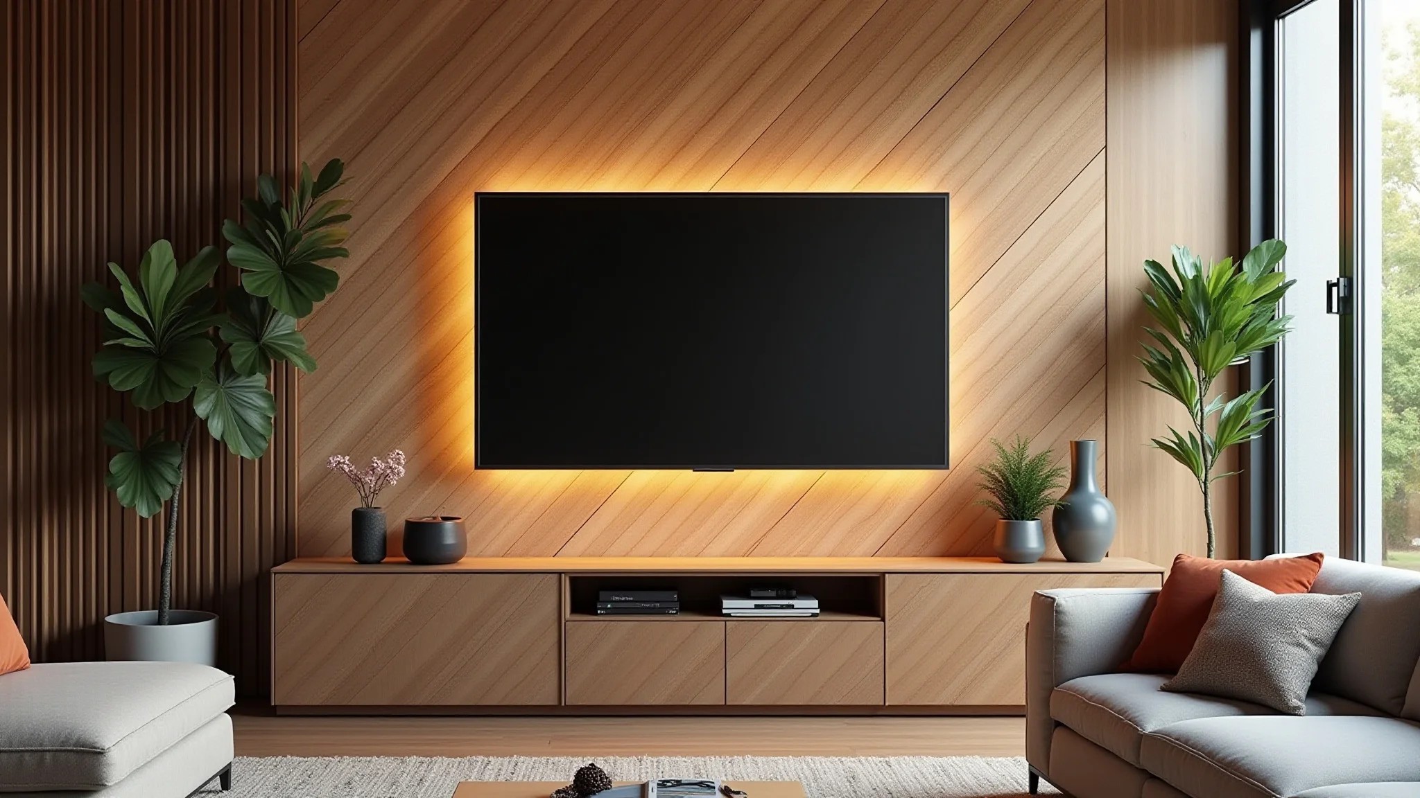 Sala com painel de TV em madeira texturizada e elementos 3D, estilo Farm Rio.