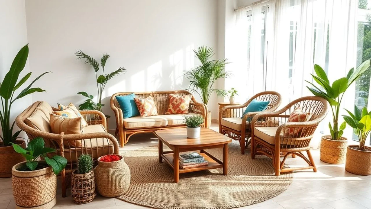 Sala de estar boho com móveis de vime, almofadas coloridas e plantas. Decoração brasileira.