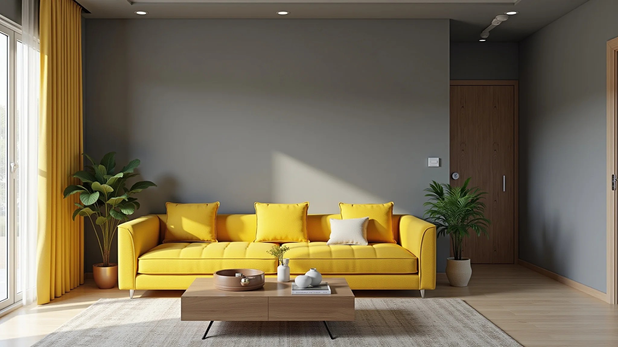 Sala de estar com paredes cinzas e detalhes vibrantes em amarelo, design brasileiro.