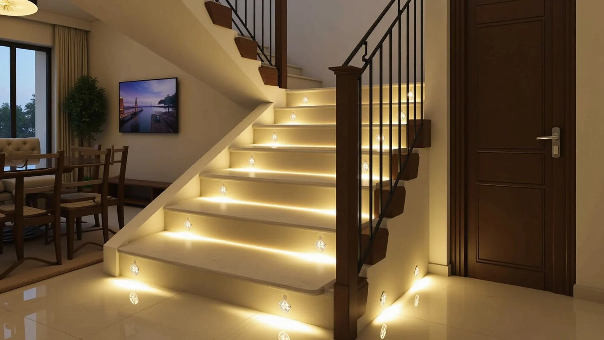 Escada iluminada com LEDs embutidos em sala de estar moderna e elegante.