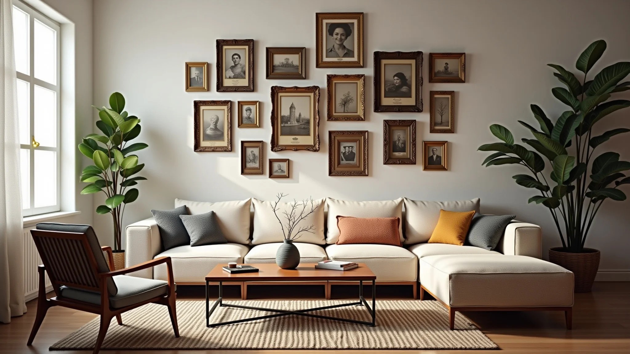 Sala com galeria de fotos antigas, molduras vintage e design brasileiro.