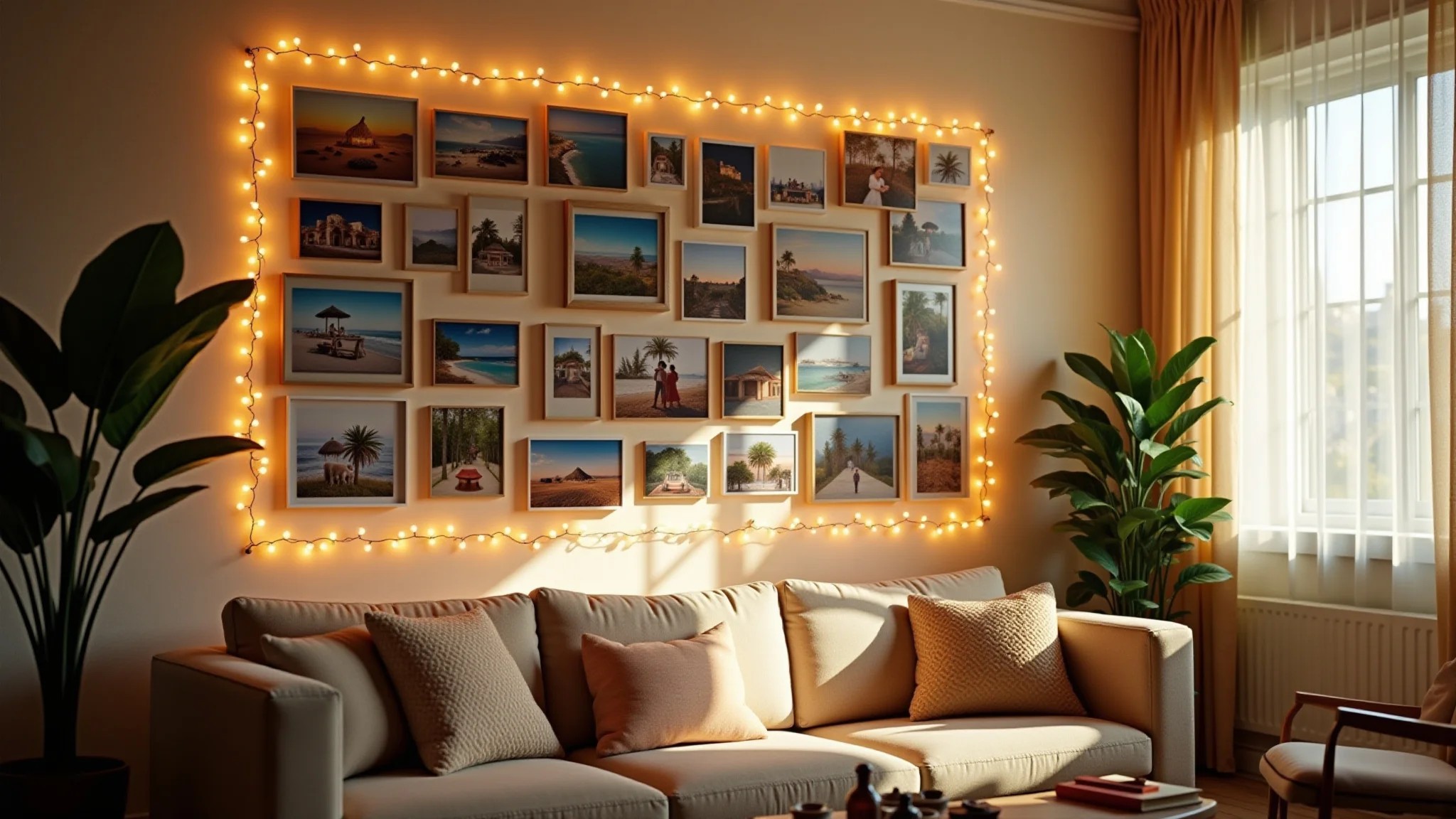 Parede da sala com varal de fotos e luzes, decoração brasileira e luz suave.