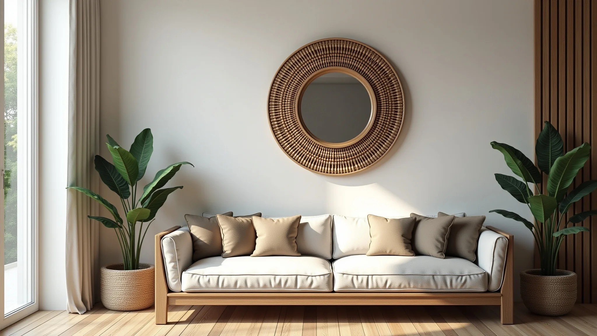 Parede de sala de estar com espelho decorativo, design brasileiro elegante e plantas.