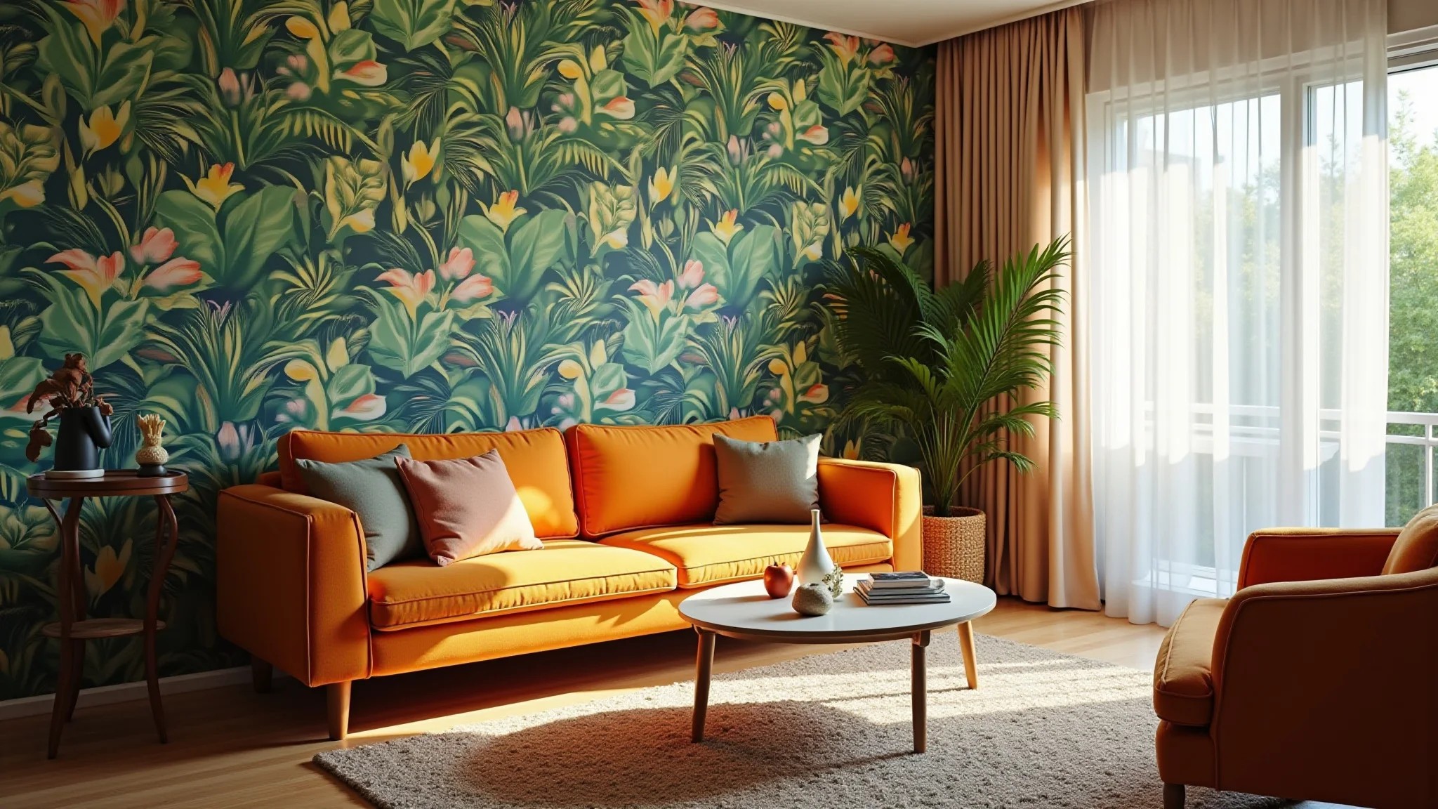 Parede de destaque com papel de parede tropical em sala de estar brasileira.